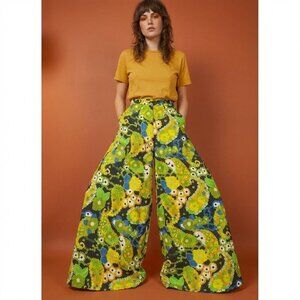 Vtg 60s Green Floral Flower Power Wide Leg Palazzo Pants Bright Bell Bottoms S